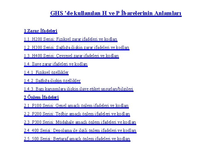 GHS 'de kullanılan H ve P İbarelerinin Anlamları 1 Zarar İfadeleri 1. 1 H