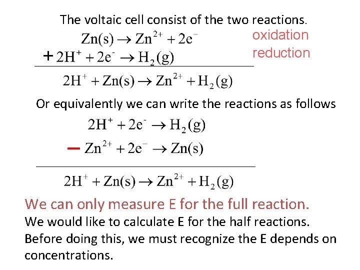 + The voltaic cell consist of the two reactions. oxidation reduction Or equivalently we