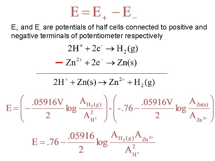 E+ and E- are potentials of half cells connected to positive and negative terminals