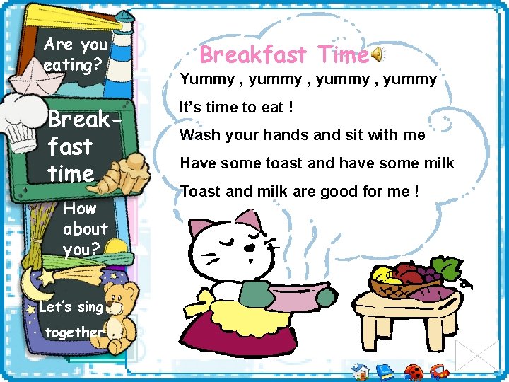 Are you eating? Breakfast time How about you? Let’s sing together Breakfast Time Yummy