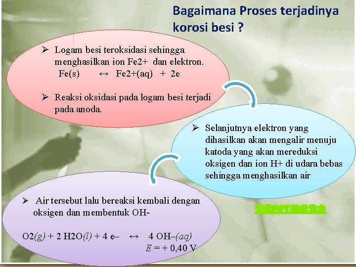 Bagaimana Proses terjadinya korosi besi ? Ø Logam besi teroksidasi sehingga menghasilkan ion Fe