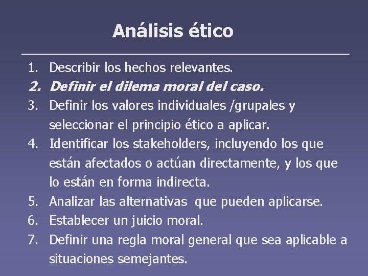 Análisis ético 1. Describir los hechos relevantes. 2. Definir el dilema moral del caso.