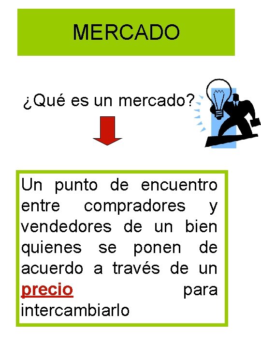 MERCADO ¿Qué es un mercado? Un punto de encuentro entre compradores y vendedores de