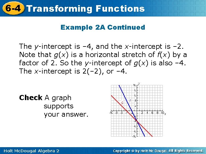 6 -4 Transforming Functions Example 2 A Continued The y-intercept is – 4, and 6 -4 Transforming Functions Example 2 A Continued The y-intercept is – 4, and