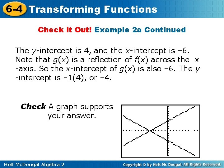 6 -4 Transforming Functions Check It Out! Example 2 a Continued The y-intercept is 6 -4 Transforming Functions Check It Out! Example 2 a Continued The y-intercept is
