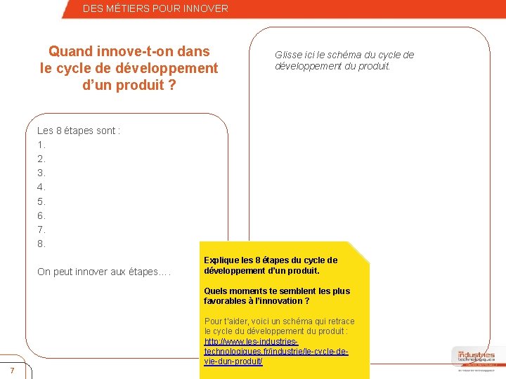 – Quatrième niveau DES MÉTIERS POUR INNOVER Quand innove-t-on dans le cycle de développement