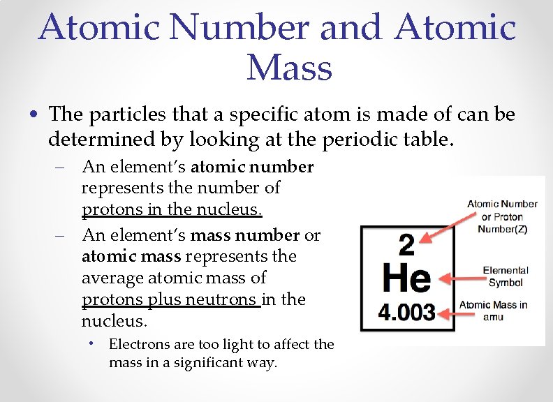 Atomic Number and Atomic Mass • The particles that a specific atom is made
