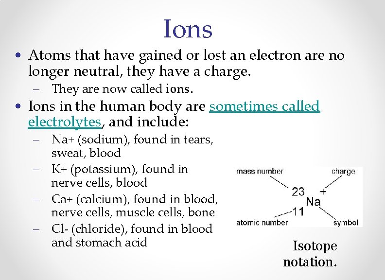 Ions • Atoms that have gained or lost an electron are no longer neutral,