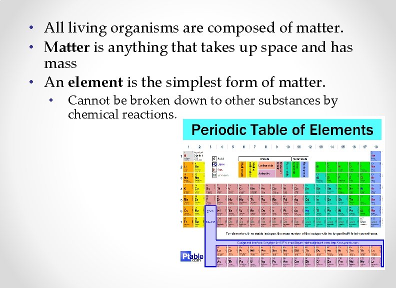  • All living organisms are composed of matter. • Matter is anything that