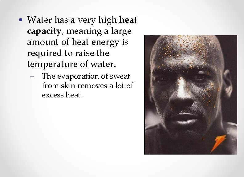  • Water has a very high heat capacity, meaning a large amount of