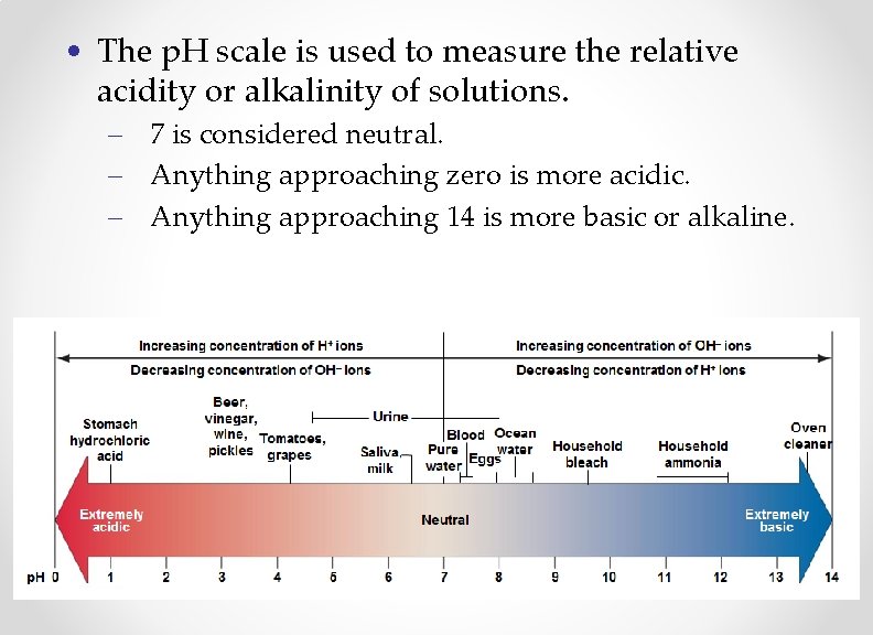  • The p. H scale is used to measure the relative acidity or