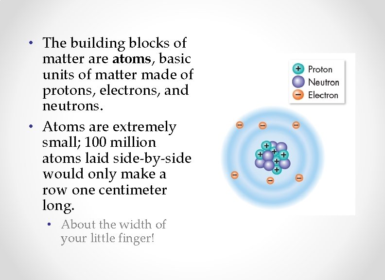  • The building blocks of matter are atoms, basic units of matter made