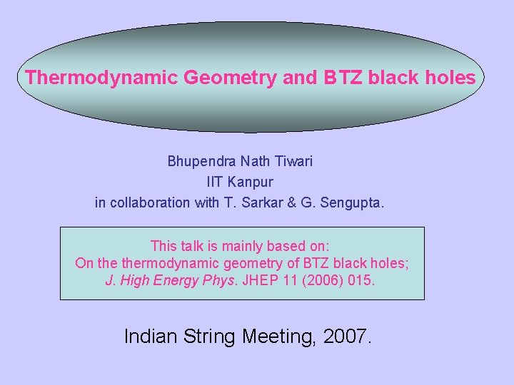 Thermodynamic Geometry and BTZ black holes Bhupendra Nath Tiwari IIT Kanpur in collaboration with