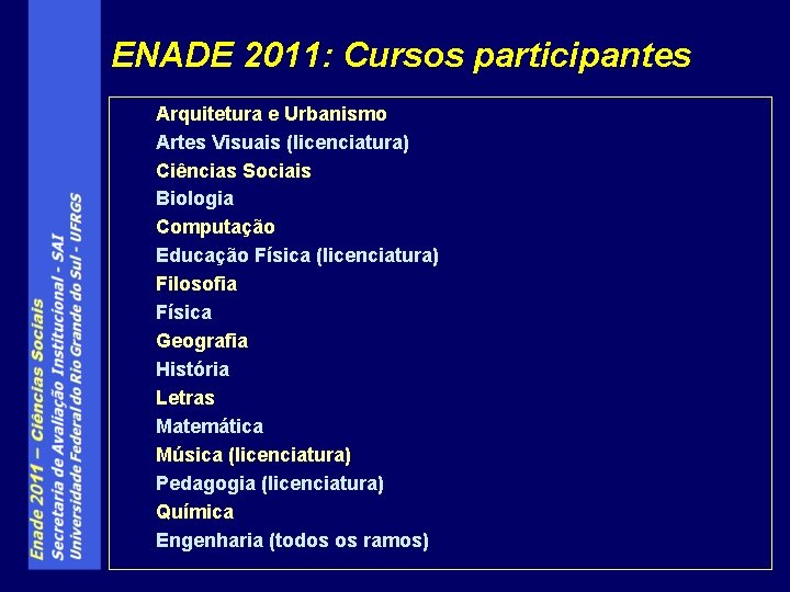 ENADE 2011: Cursos participantes Arquitetura e Urbanismo Artes Visuais (licenciatura) Ciências Sociais Biologia Computação