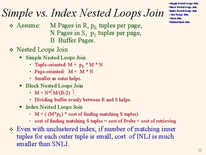 Simple vs. Index Nested Loops Join v v Assume: M Pages in R, p.