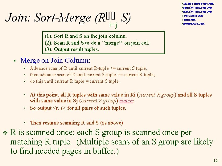 Join: Sort-Merge (R i=j S) §Simple Nested Loops Join: §Block Nested Loops Join §Index
