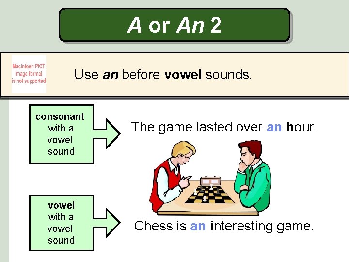 A or An 2 Use an before vowel sounds. consonant with a vowel sound