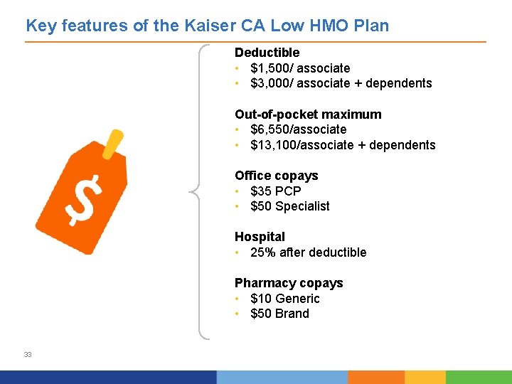 Key features of the Kaiser CA Low HMO Plan Deductible • $1, 500/ associate