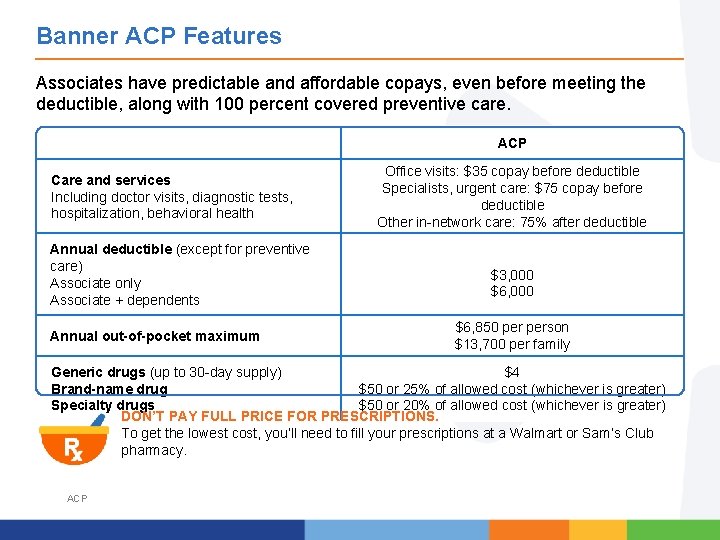 Banner ACP Features Associates have predictable and affordable copays, even before meeting the deductible,