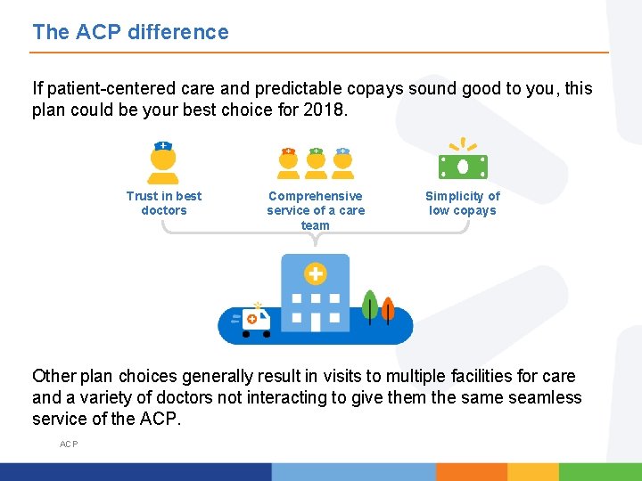 The ACP difference If patient-centered care and predictable copays sound good to you, this