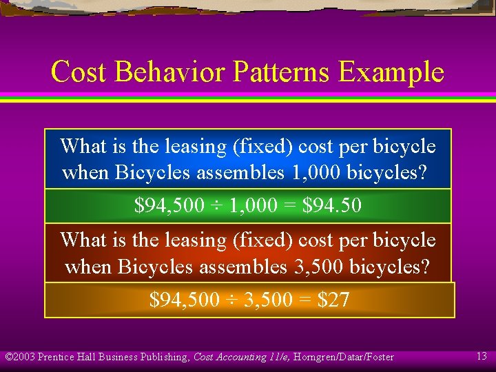 Cost Behavior Patterns Example What is the leasing (fixed) cost per bicycle when Bicycles