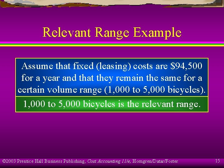 Relevant Range Example Assume that fixed (leasing) costs are $94, 500 for a year