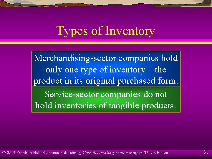 Types of Inventory Merchandising-sector companies hold only one type of inventory – the product