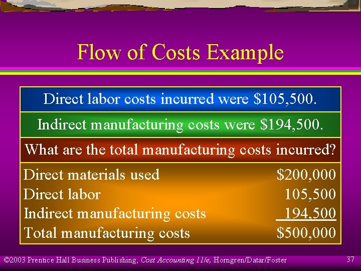 Flow of Costs Example Direct labor costs incurred were $105, 500. Indirect manufacturing costs