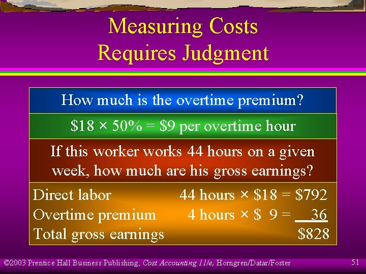 Measuring Costs Requires Judgment How much is the overtime premium? $18 × 50% =