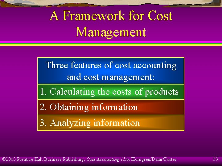 A Framework for Cost Management Three features of cost accounting and cost management: 1.
