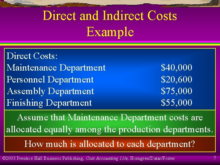 Direct and Indirect Costs Example Direct Costs: Maintenance Department Personnel Department Assembly Department Finishing