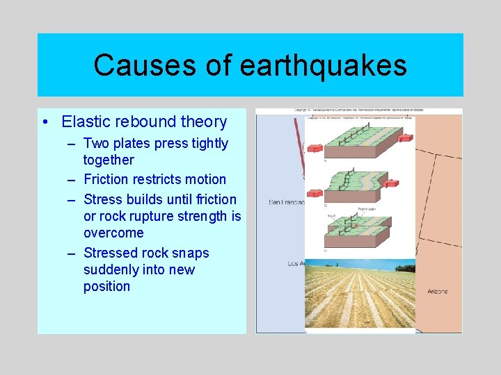 Causes of earthquakes • Elastic rebound theory – Two plates press tightly together –