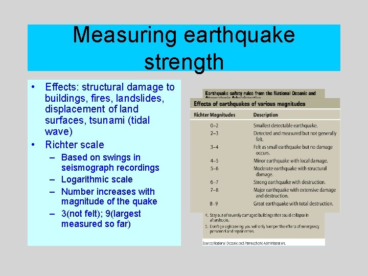 Measuring earthquake strength • Effects: structural damage to buildings, fires, landslides, displacement of land