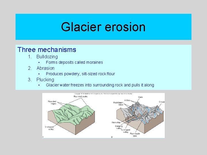 Glacier erosion Three mechanisms 1. Bulldozing • Forms deposits called moraines 2. Abrasion •