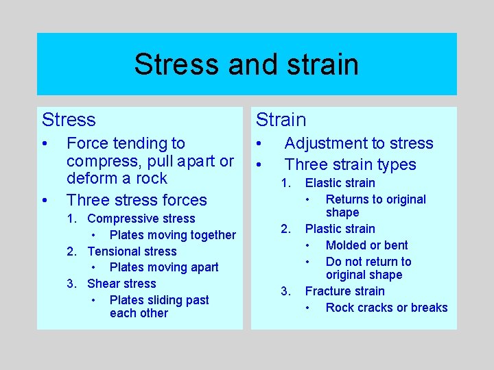 Stress and strain Stress Strain • • Force tending to compress, pull apart or