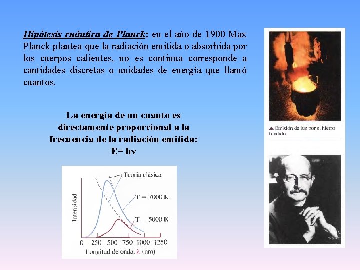 Hipótesis cuántica de Planck: en el año de 1900 Max Planck plantea que la