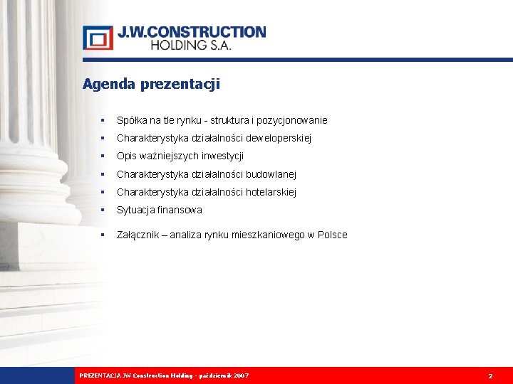 Agenda prezentacji Spółka na tle rynku - struktura i pozycjonowanie Charakterystyka działalności deweloperskiej Opis