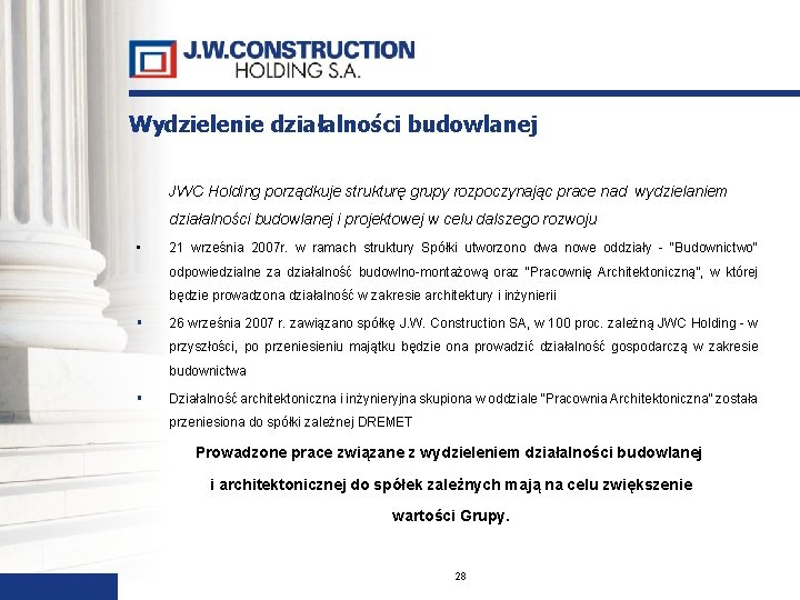 Wydzielenie działalności budowlanej JWC Holding porządkuje strukturę grupy rozpoczynając prace nad wydzielaniem działalności budowlanej