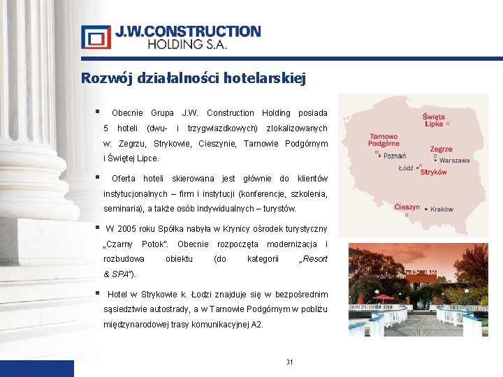 Rozwój działalności hotelarskiej Obecnie Grupa J. W. Construction Holding posiada 5 hoteli (dwu- i