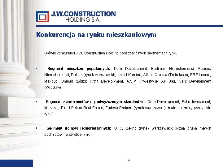 Konkurencja na rynku mieszkaniowym Główni konkurenci J. W. Construction Holding poszczególnych segmentach rynku: Segment