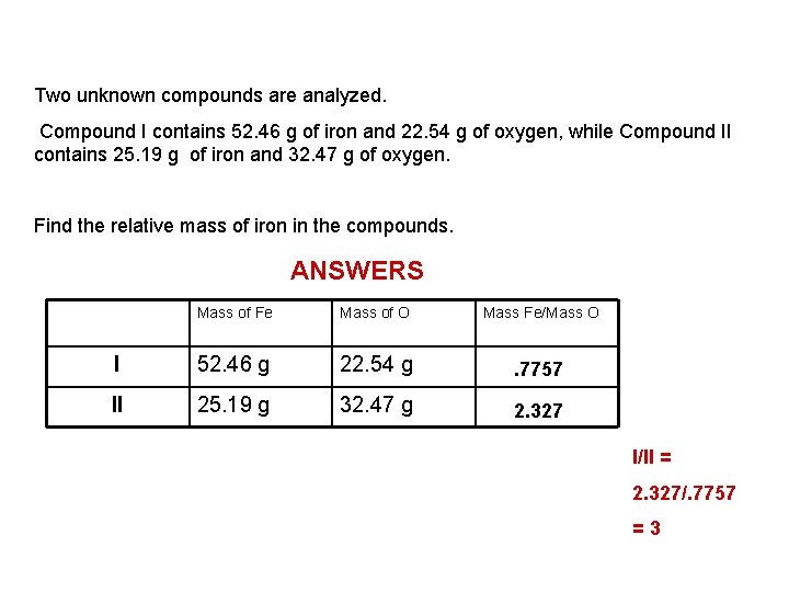 Two unknown compounds are analyzed. Compound I contains 52. 46 g of iron and Two unknown compounds are analyzed. Compound I contains 52. 46 g of iron and