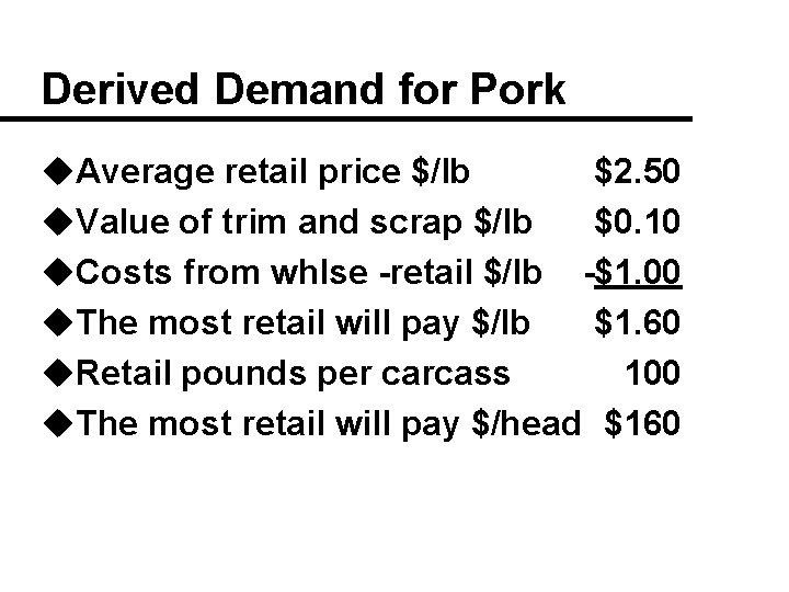 Derived Demand for Pork u. Average retail price $/lb $2. 50 u. Value of