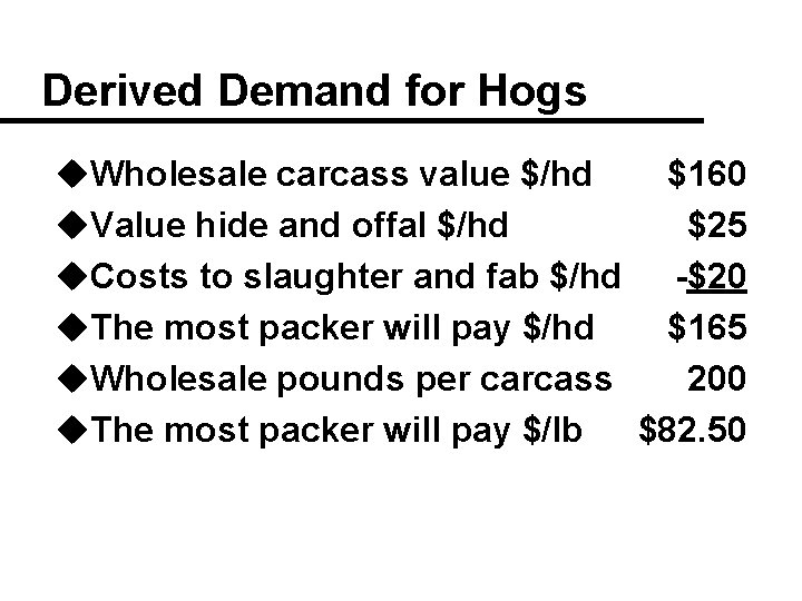 Derived Demand for Hogs u. Wholesale carcass value $/hd $160 u. Value hide and
