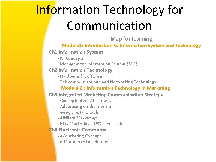 Information Technology for Communication Map for learning Module 1: Introduction to Information System and