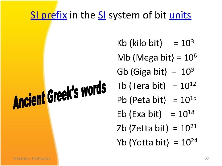 SI prefix in the SI system of bit units Kb (kilo bit) = 103