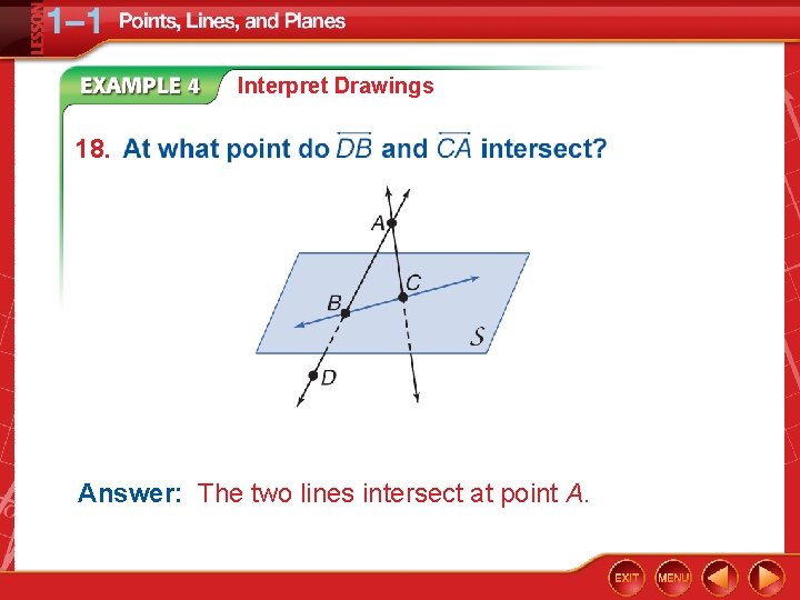 Interpret Drawings 18. Answer: The two lines intersect at point A. 
