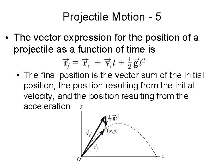 Projectile Motion - 5 • The vector expression for the position of a projectile