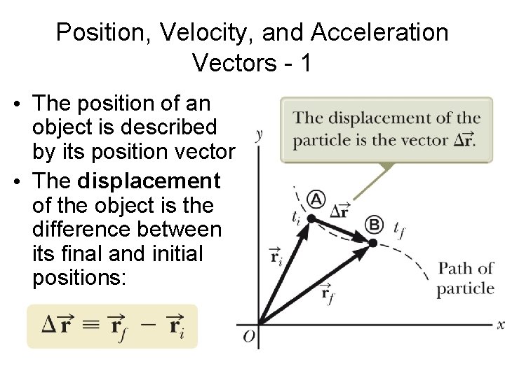 Position, Velocity, and Acceleration Vectors - 1 • The position of an object is