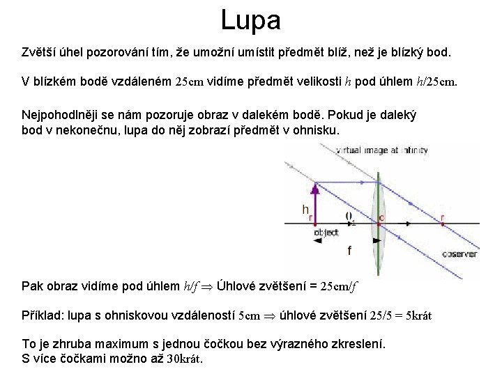 Lupa Zvětší úhel pozorování tím, že umožní umístit předmět blíž, než je blízký bod. Lupa Zvětší úhel pozorování tím, že umožní umístit předmět blíž, než je blízký bod.