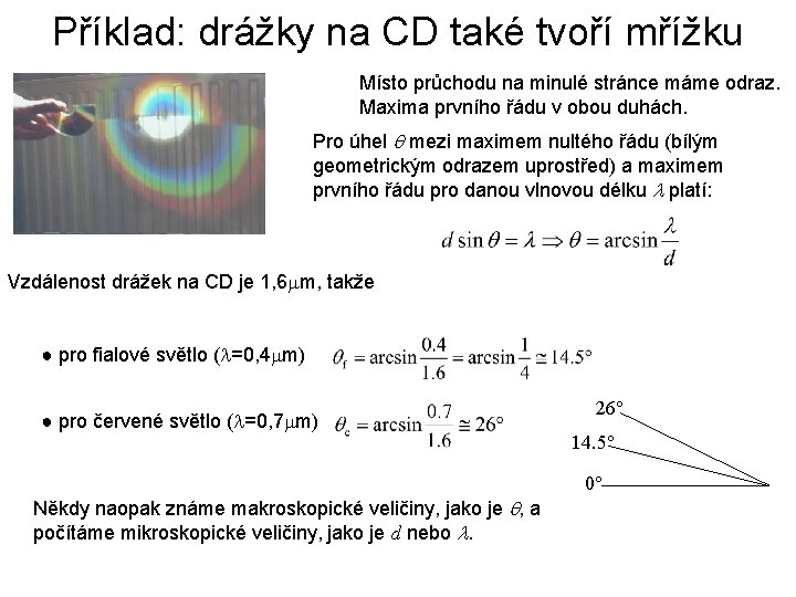 Příklad: drážky na CD také tvoří mřížku Místo průchodu na minulé stránce máme odraz. Příklad: drážky na CD také tvoří mřížku Místo průchodu na minulé stránce máme odraz.